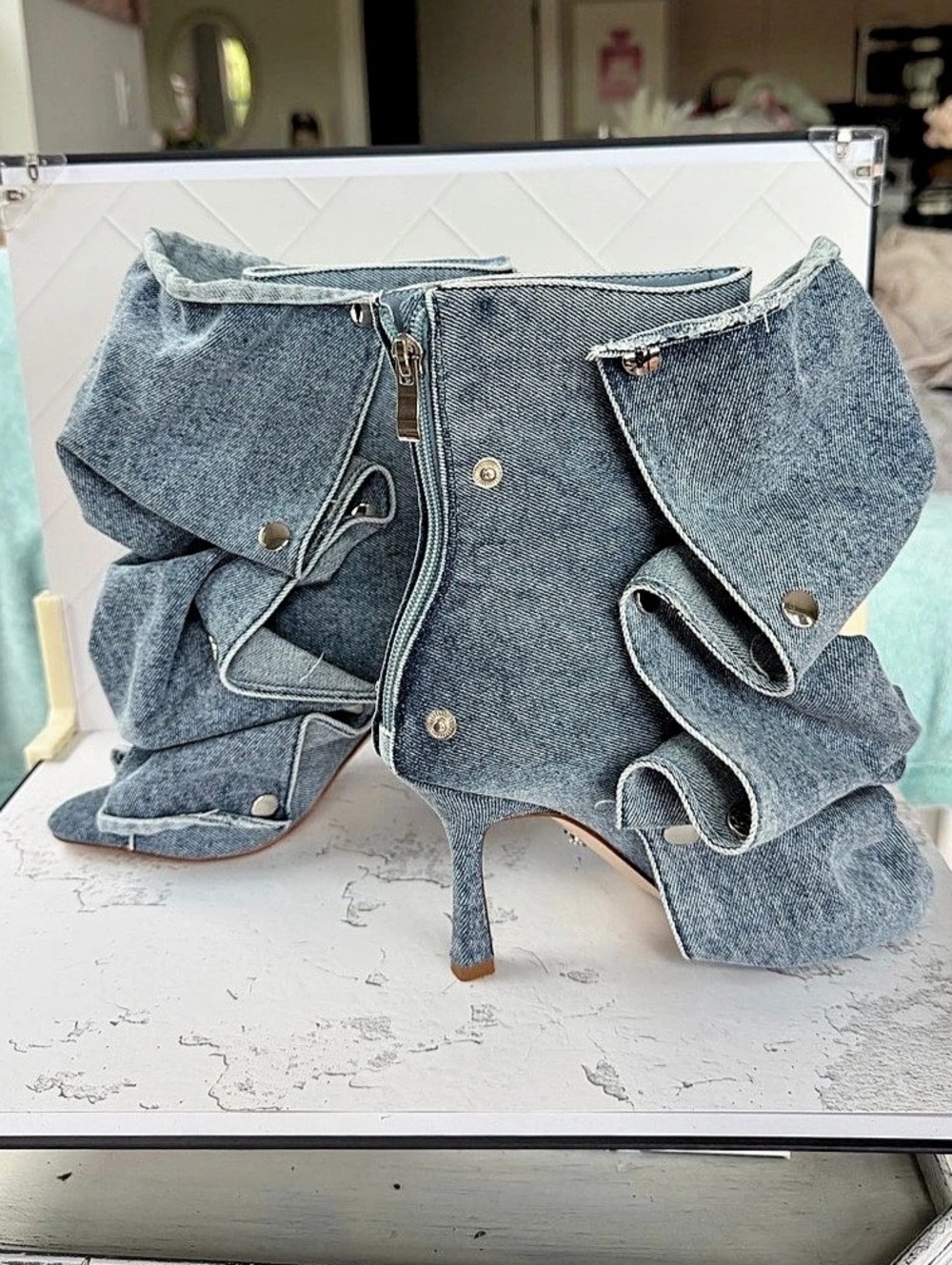 Azalea Wang Blue Denim Heeled Boots NWOT